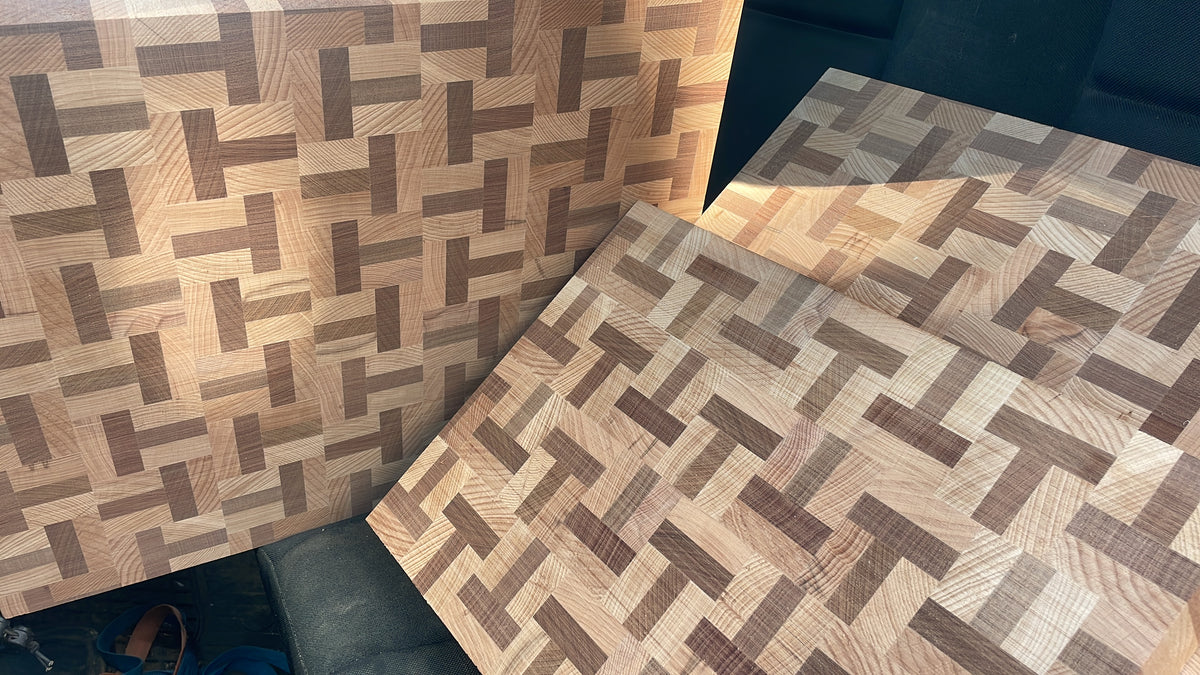 Handmade beech and sapele T-board end rain chopping board during final sanding, before oiling and waxing.