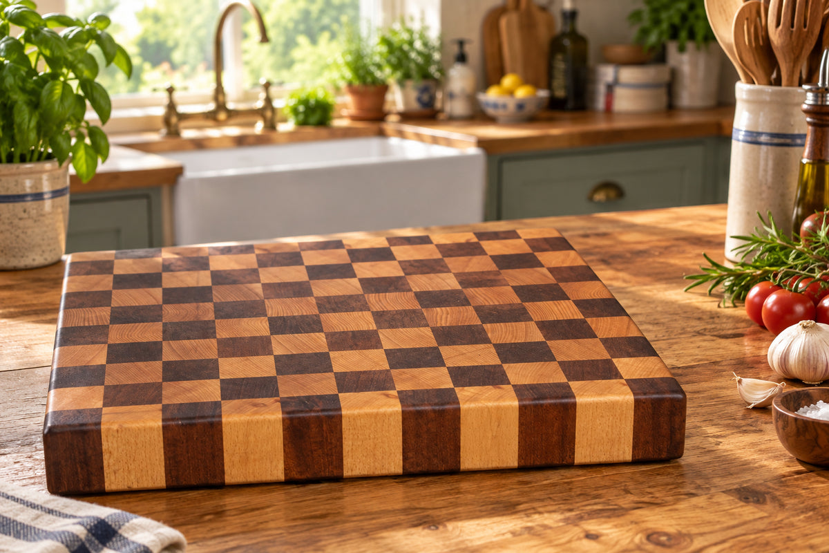 Handmade end grain chequered wooden chopping board with contrasting hardwood pattern, displayed on a rustic kitchen workshop.