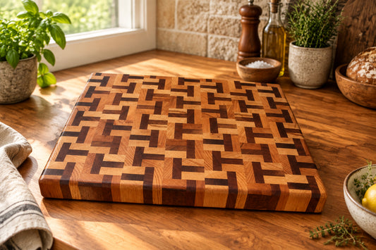 Handmade beech and sapele end grain chopping board with T-shape pattern, displayed on a wooden kitchen worktop