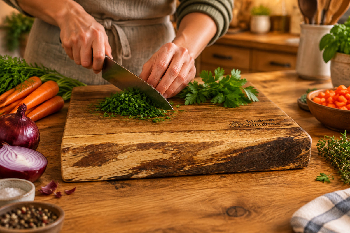 Handmade live edge solid oak chopping board from the Montrose Estate in Lancashire, being used to chop fresh herbs  in a rustic kitchen.