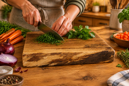 Handmade live edge solid oak chopping board from the Montrose Estate in Lancashire, being used to chop fresh herbs  in a rustic kitchen.