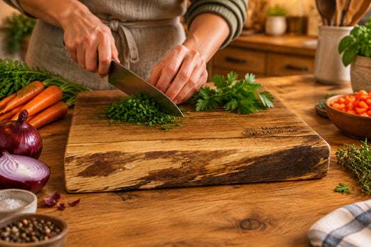 Handmade live edge solid oak chopping board from the Montrose Estate in Lancashire, being used to chop fresh herbs  in a rustic kitchen.