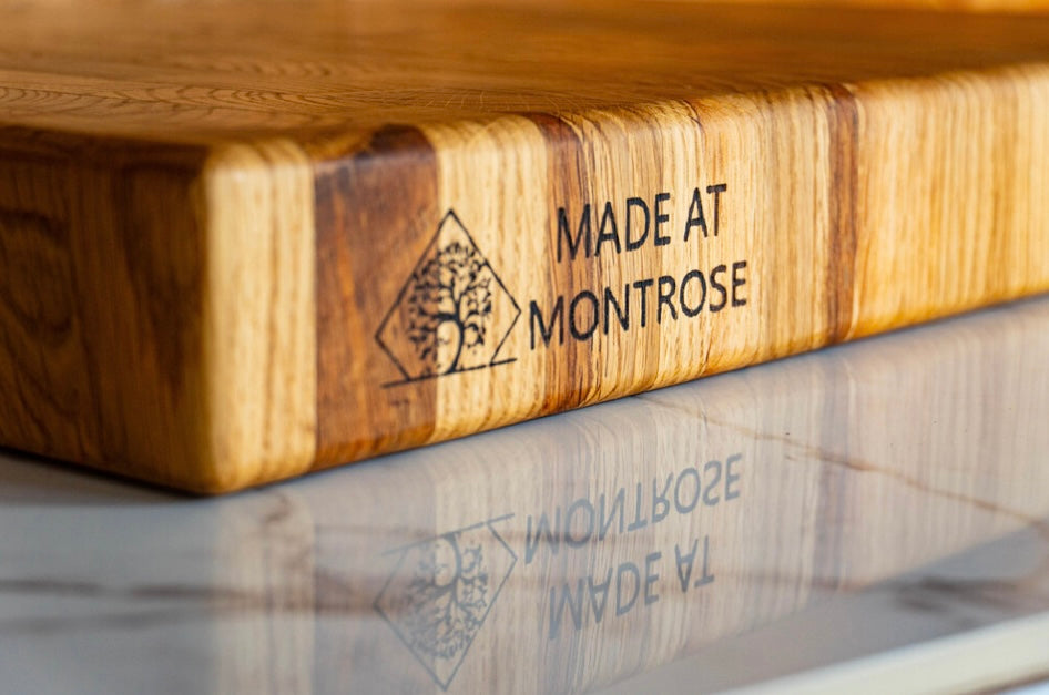 Close-up of the Montrose Edition handmade oak end grain chopping board, showing the distinctive wood grain pattern and smooth finish.